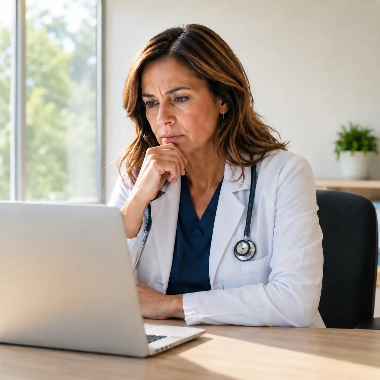 Doctor reviewing clinical information on her computer with a worried expression